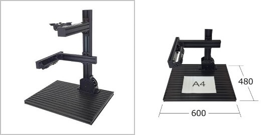 製品ラインナップ：検査台 FLEX6048の外観、サイズ感。角度調整、角度可変を搭載したコンパクト、アルミフレーム構成の画像処理専用スタンド治具
