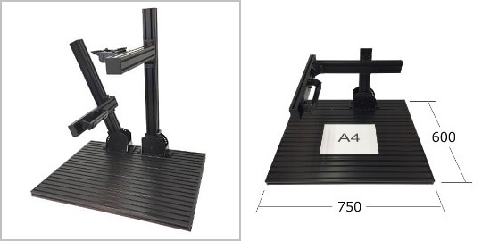製品ラインナップ：検査台 FLEX7560の外観、サイズ感。角度調整、角度可変を搭載した画像処理専用スタンド治具